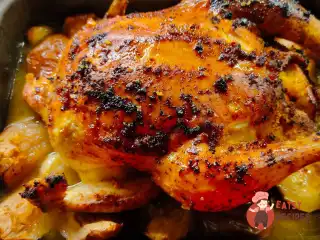 Домашня курка, запечена з яблуками та гарніром зі стручкової квасолі