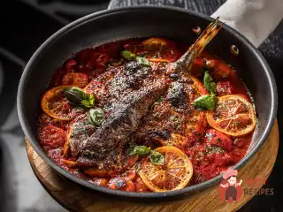 Запечений сибас із соусами бамбука, харису та чимичуррі.