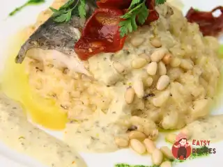 Філе баррамунді з мусом Шардоне і різотто з чорізо