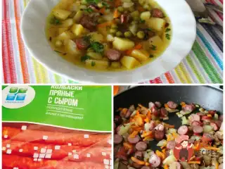 Картопляний суп із зеленим горошком та пряними ковбасками