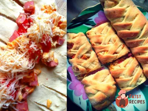 Листкова кіска з ковбасою, помідорами та сиром