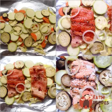 Форель, запечена у фользі із сезонними овочами.
