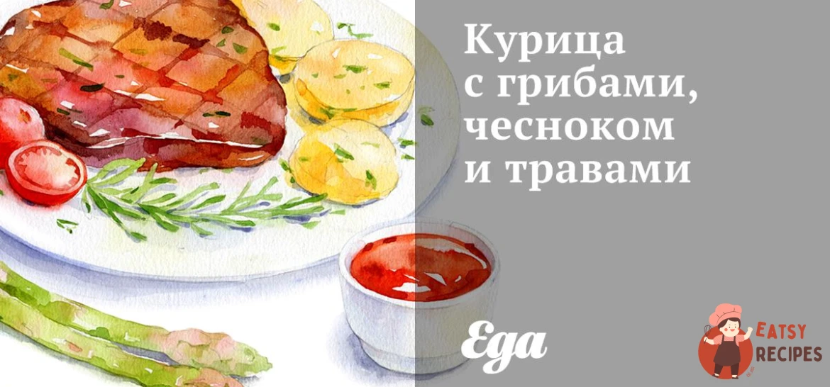 Курка з грибами, часником та травами