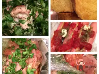 Куряче філе, печериці з сиром та запечені сосиски