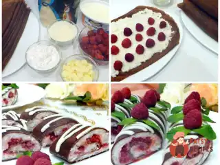 Шоколадні млинці з кокосово-рисовим кремом та малиною