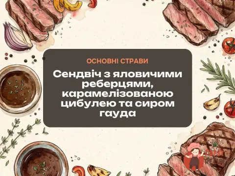 Сендвіч з яловичими реберцями, карамелізованою цибулею та сиром гауда