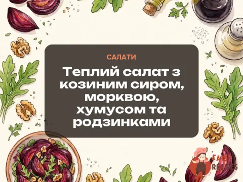 Теплий салат з козиним сиром, морквою, хумусом та родзинками