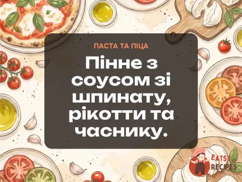 Пінне з соусом зі шпинату, рікотти та часнику.
