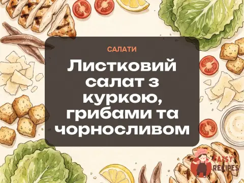 Листковий салат з куркою, грибами та чорносливом