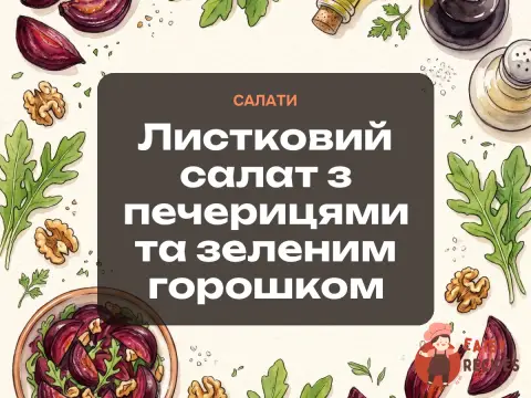 Листковий салат з печерицями та зеленим горошком