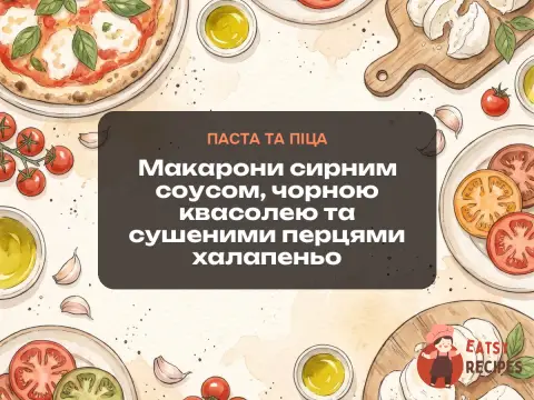 Макарони сирним соусом, чорною квасолею та сушеними перцями халапеньо