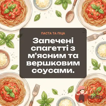 Запечені спагетті з м'ясним та вершковим соусами.