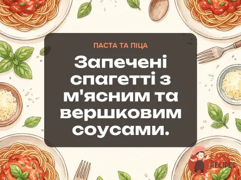 Запечені спагетті з м'ясним та вершковим соусами.