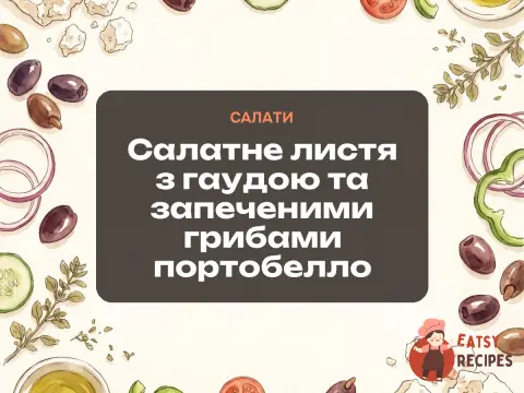 Салатне листя з гаудою та запеченими грибами портобелло