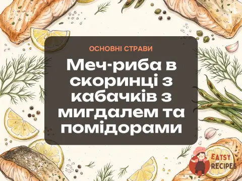 Меч-риба в скоринці з кабачків з мигдалем та помідорами