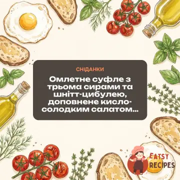 Омлетне суфле з трьома сирами та шнітт-цибулею, доповнене кисло-солодким салатом з червоної цибулі.
