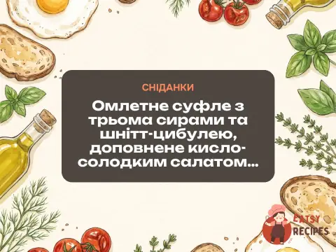 Омлетне суфле з трьома сирами та шнітт-цибулею, доповнене кисло-солодким салатом з червоної цибулі.