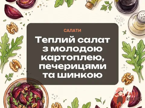 Теплий салат з молодою картоплею, печерицями та шинкою