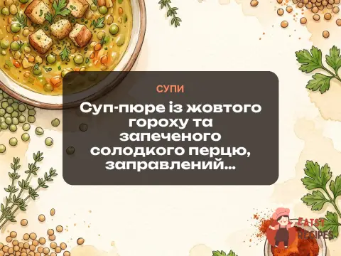 Суп-пюре із жовтого гороху та запеченого солодкого перцю, заправлений кокосовим молоком