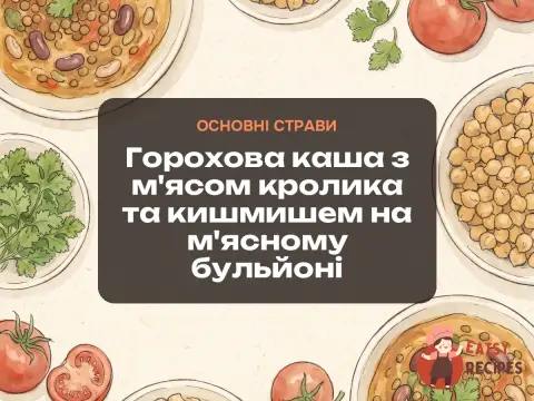 Горохова каша з м'ясом кролика та кишмишем на м'ясному бульйоні