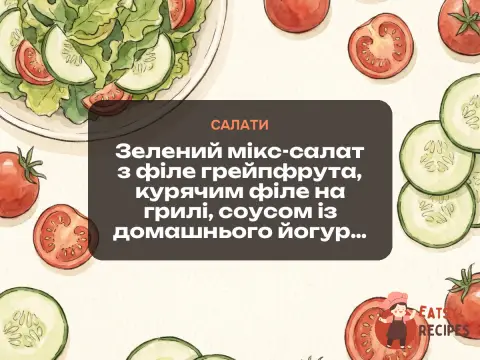 Зелений мікс-салат з філе грейпфрута, курячим філе на грилі, соусом із домашнього йогурту з травами на листковому тісті