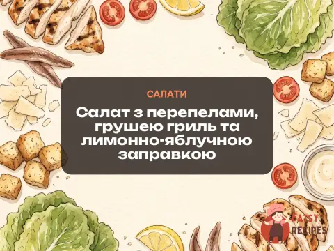 Салат з перепелами, грушею гриль та лимонно-яблучною заправкою