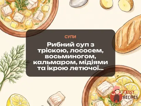 Рибний суп з тріскою, лососем, восьминогом, кальмаром, мідіями та ікрою летючої риби