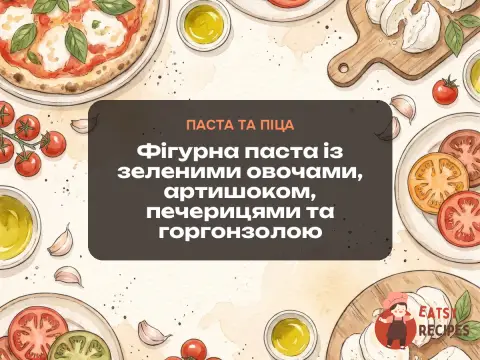 Фігурна паста із зеленими овочами, артишоком, печерицями та горгонзолою
