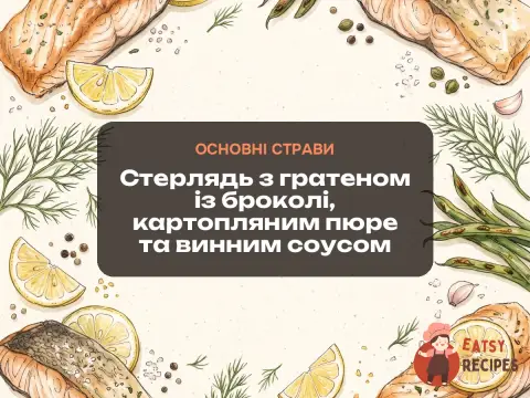 Стерлядь з гратеном із броколі, картопляним пюре та винним соусом