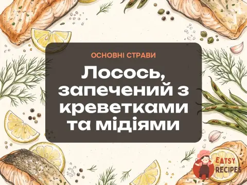 Лосось, запечений з креветками та мідіями