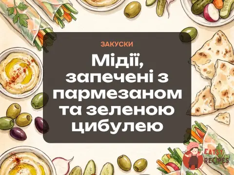 Мідії, запечені з пармезаном та зеленою цибулею