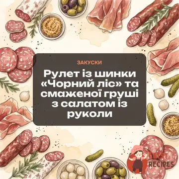 Рулет із шинки «Чорний ліс» та смаженої груші з салатом із руколи