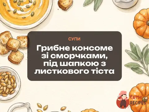 Грибне консоме зі сморчками, під шапкою з листкового тіста