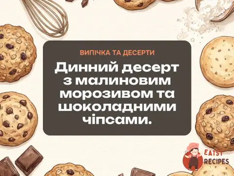 Динний десерт з малиновим морозивом та шоколадними чіпсами.