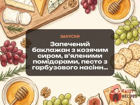 Запечений баклажан з козячим сиром, в'яленими помідорами, песто з гарбузового насіння і рубаними лісовими горіхами.