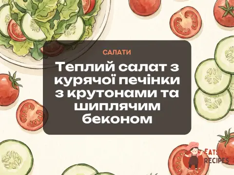 Теплий салат з курячої печінки з крутонами та шиплячим беконом