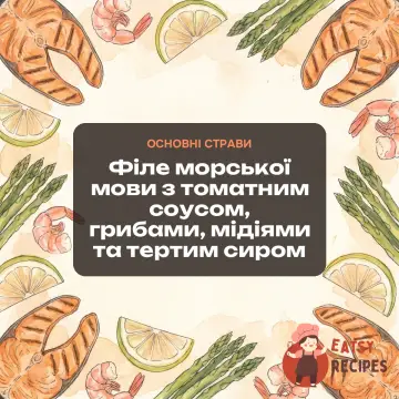 Філе морської мови з томатним соусом, грибами, мідіями та тертим сиром