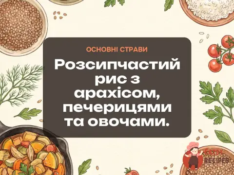 Розсипчастий рис з арахісом, печерицями та овочами.