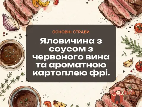 Яловичина з соусом з червоного вина та ароматною картоплею фрі.
