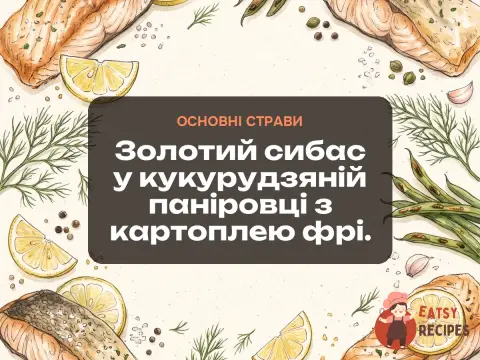 Золотий сибас у кукурудзяній паніровці з картоплею фрі.