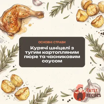 Курячі шніцелі з тугим картопляним пюре та часниковим соусом