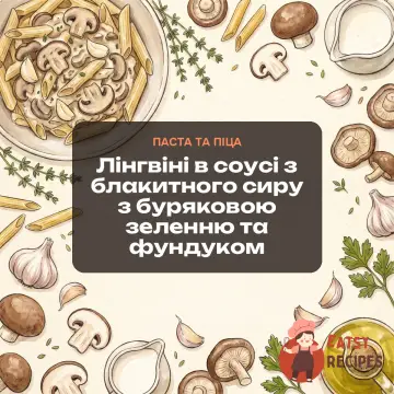 Лінгвіні в соусі з блакитного сиру з буряковою зеленню та фундуком