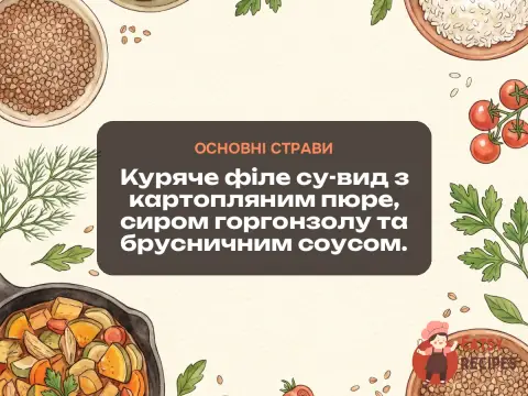 Куряче філе су-вид з картопляним пюре, сиром горгонзолу та брусничним соусом.