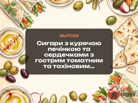 Сигари з курячою печінкою та сердечками з гострим томатним та тахіновим соусами