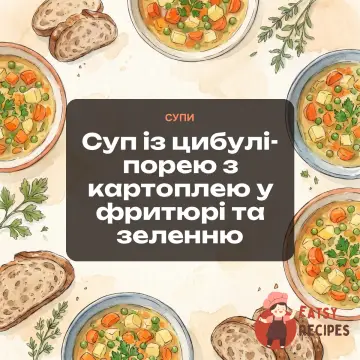 Суп із цибулі-порею з картоплею у фритюрі та зеленню