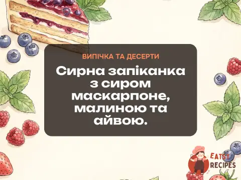 Сирна запіканка з сиром маскарпоне, малиною та айвою.